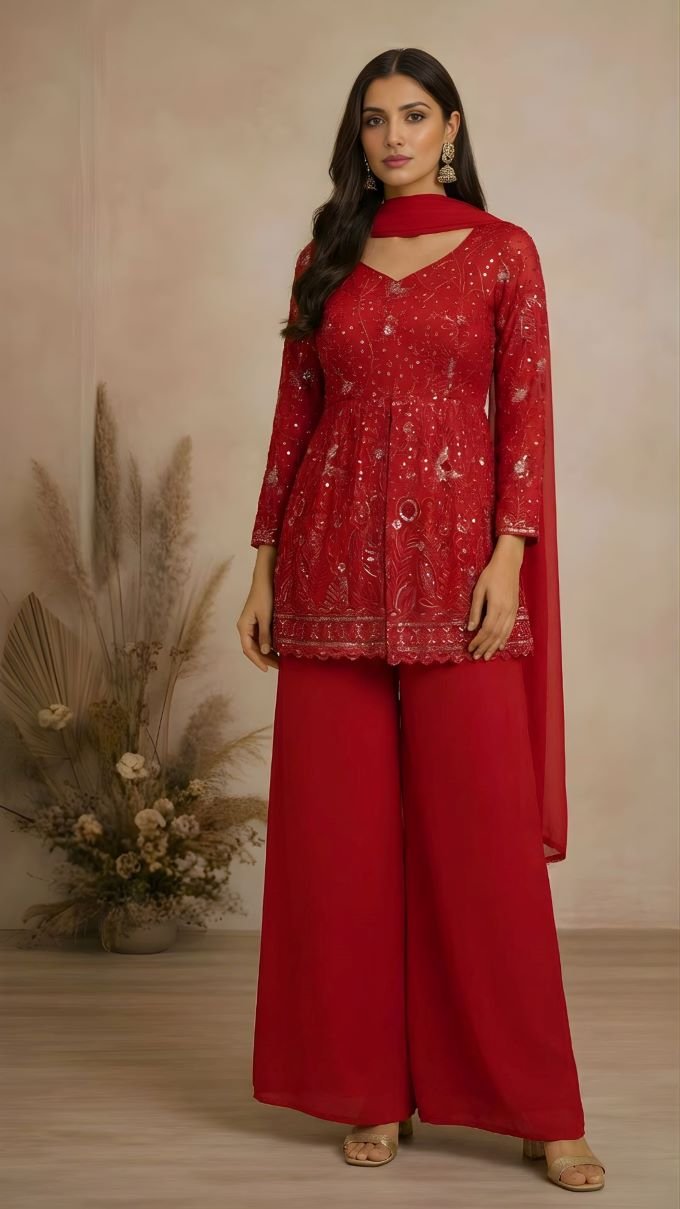 Maharani Set- Scarlet Embroidered Kurti with Palazzo & Dupatta