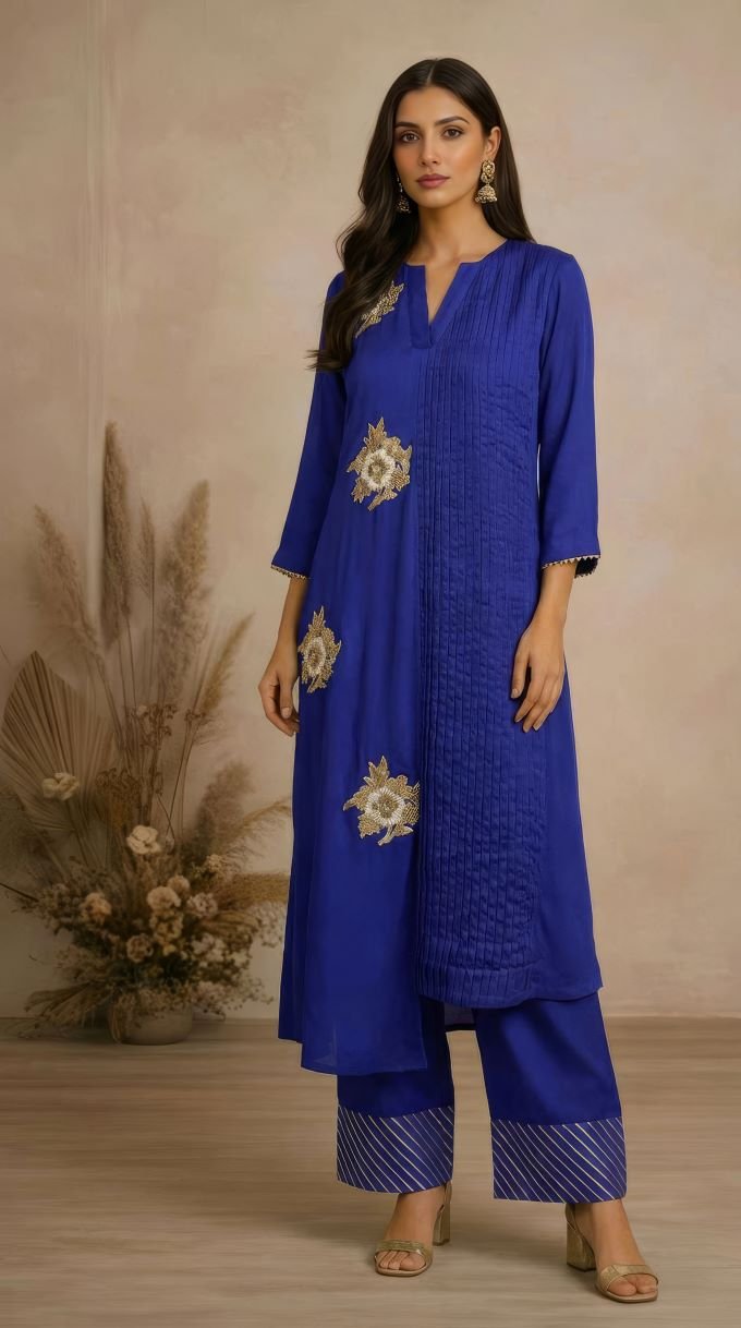 Nilambari Set- Sapphire Pleated Kurta with Gold Stripe Pants