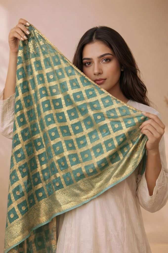 Teal Banarasi Foil Georgette Scarf